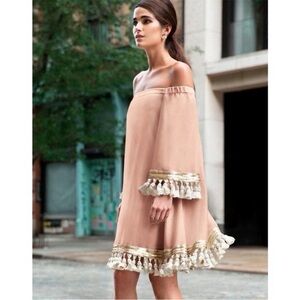 Mestiza NY, XS NWOT Coral-y Pink Fringe Off-Shoulder Dress. GORGEOUS